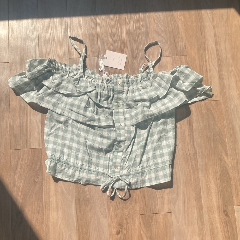 LC Lauren Conrad off the shoulder textured check w ruffle top L - Picture 10 of 16